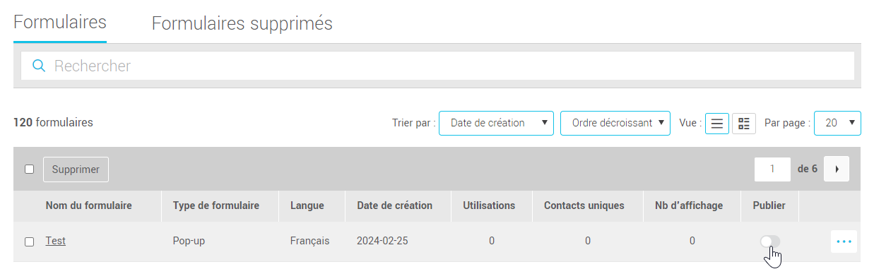 Interrupteur pour publier ou dépublier dans la liste des formulaires