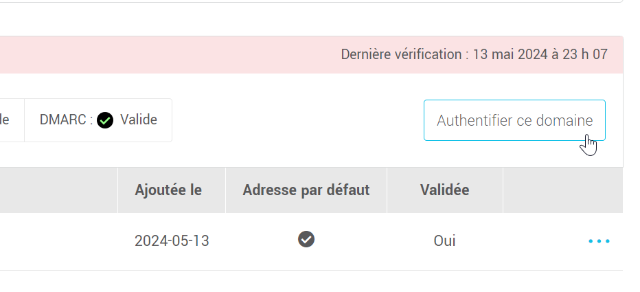 Bouton pour obtenir les instructions pour authentifier le domaine