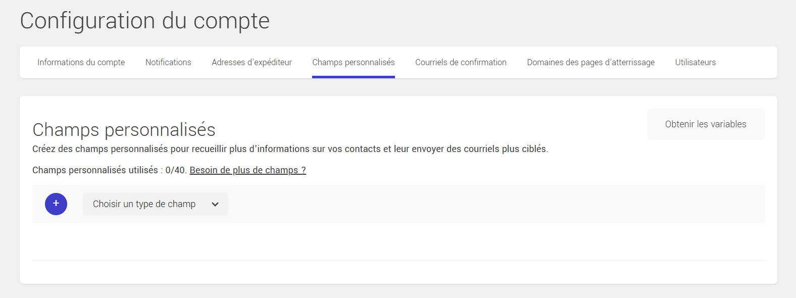 Configuration des champs personnalis&eacute;s au compte