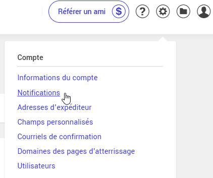 Menu param&egrave;tres et configurations : Notifications