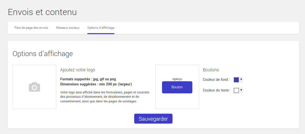 Envois et contenu - options d'affichage