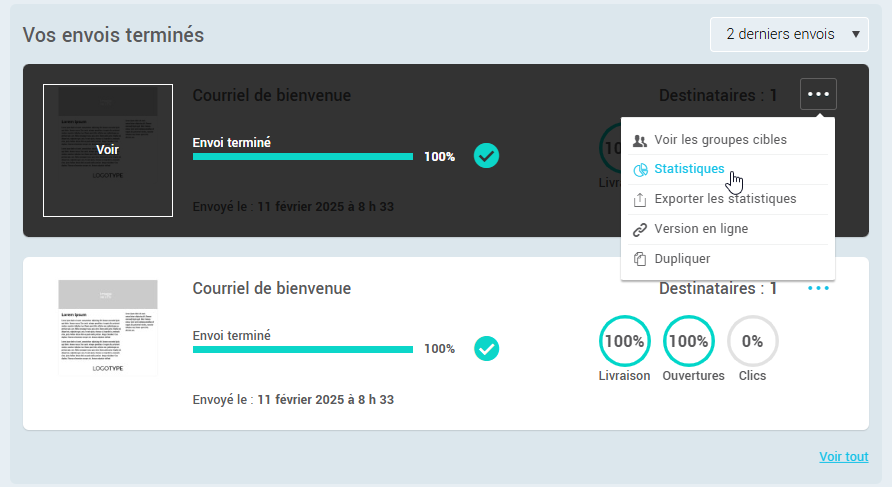 Statistiques de l'envoi