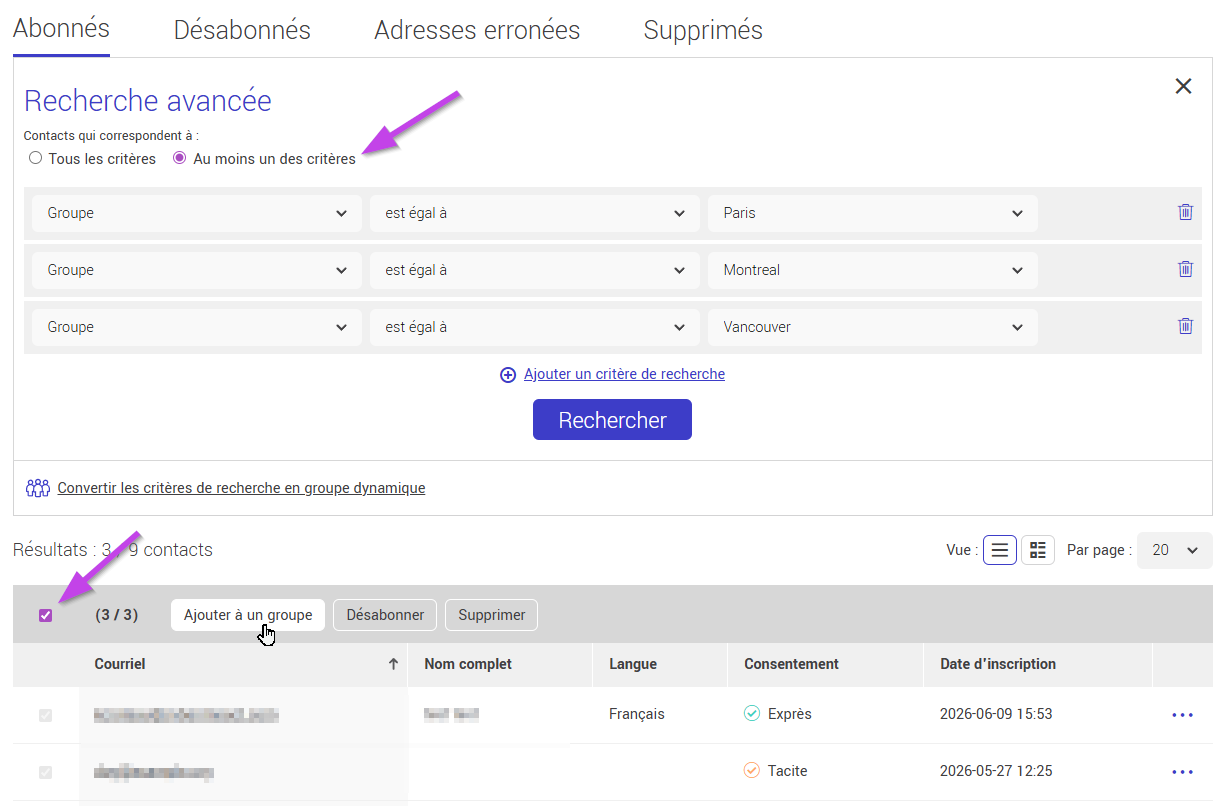 fusionner des groupes par la recherche avanc&eacute;e