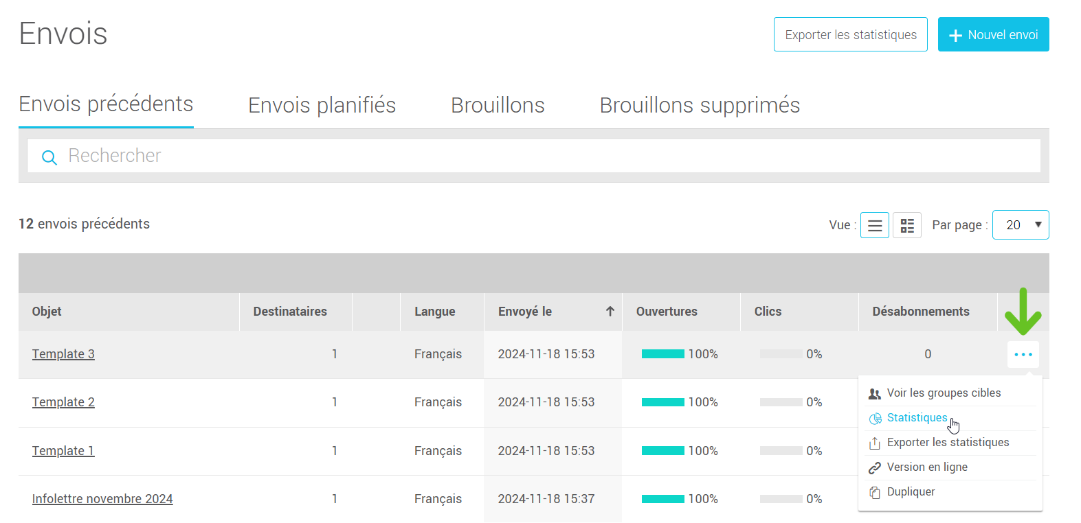 Envois précédents, statistiques